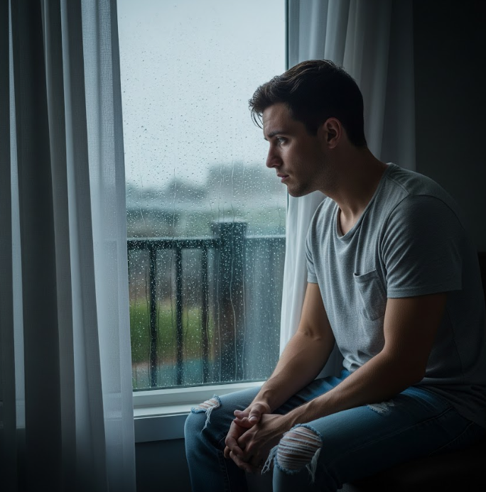 Un padre mirando a través de una ventana, con una expresión de tristeza y soledad, simbolizando la sensación de invisibilidad en casa.