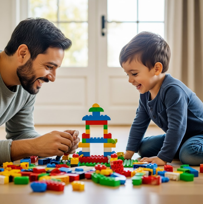 Un padre y un hijo riendo juntos mientras juegan a los Legos en el suelo, simbolizando la conexión emocional y la importancia del tiempo de calidad.
