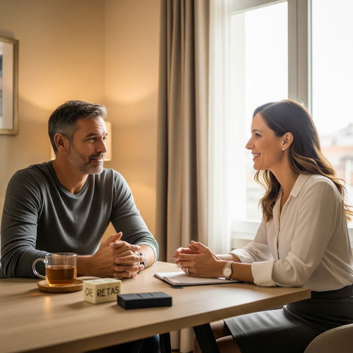 Un padre y una Coach Familiar (Raquel Torres) sentados frente a frente, conversando en un ambiente de confianza, simbolizando la búsqueda de autoconocimiento y apoyo profesional.