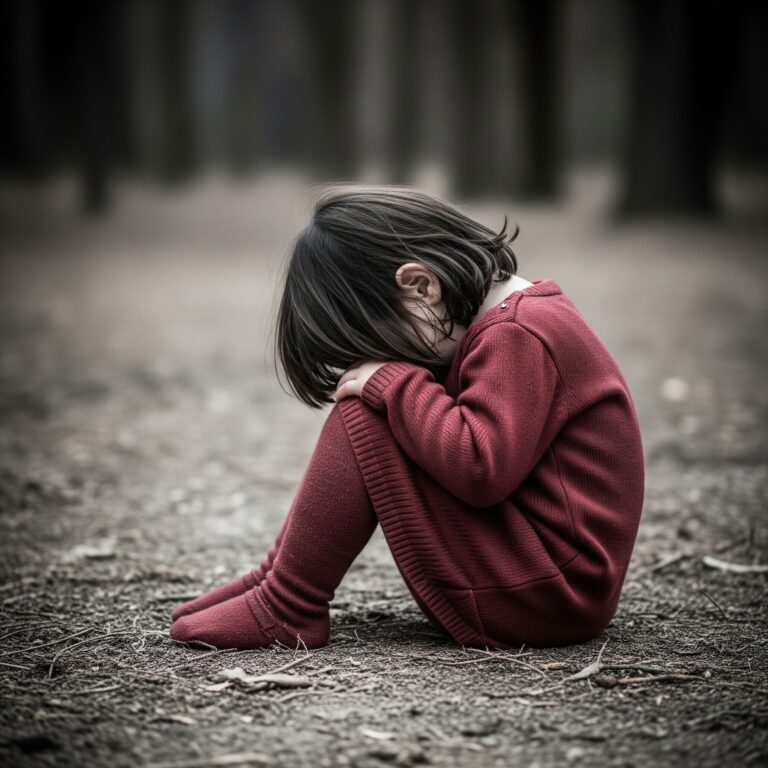 Una niña pequeña de espaldas, sentada en el suelo con la cabeza gacha, en un entorno desolado y con poca luz, simbolizando la soledad y el sentimiento de no pertenencia de la infancia de Valeria, clave en el trabajo de Raquel Torres, Coach Familiar.