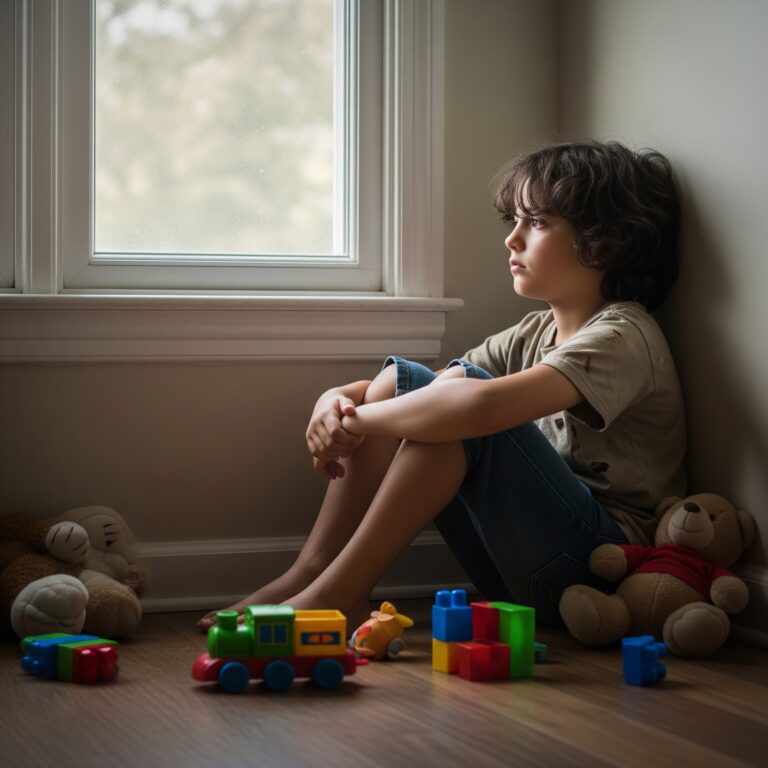 Niño de 8-10 años sentado solo en una esquina, con expresión triste y retraída.