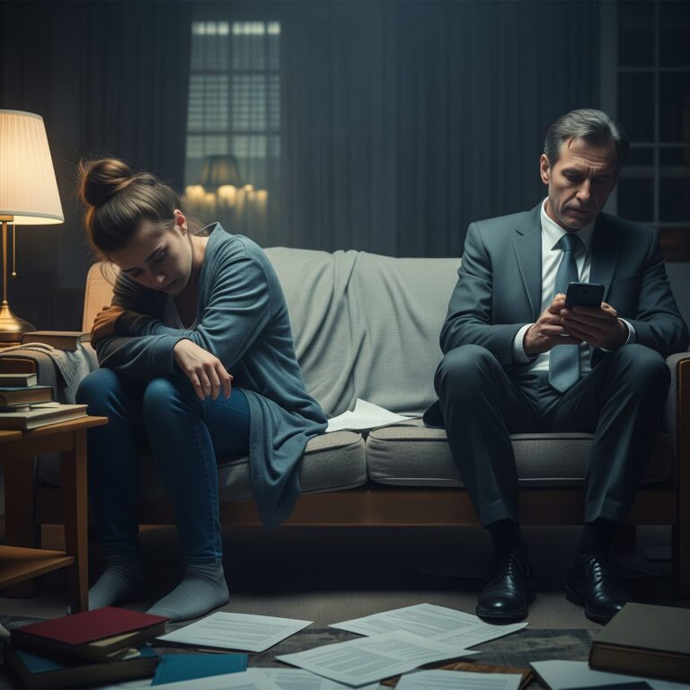 Una persona con expresión de angustia o frustración sentada en un sofá, mientras otra persona le da la espalda, absorta en su teléfono, simbolizando una falta de comunicación y conexión en la relación.