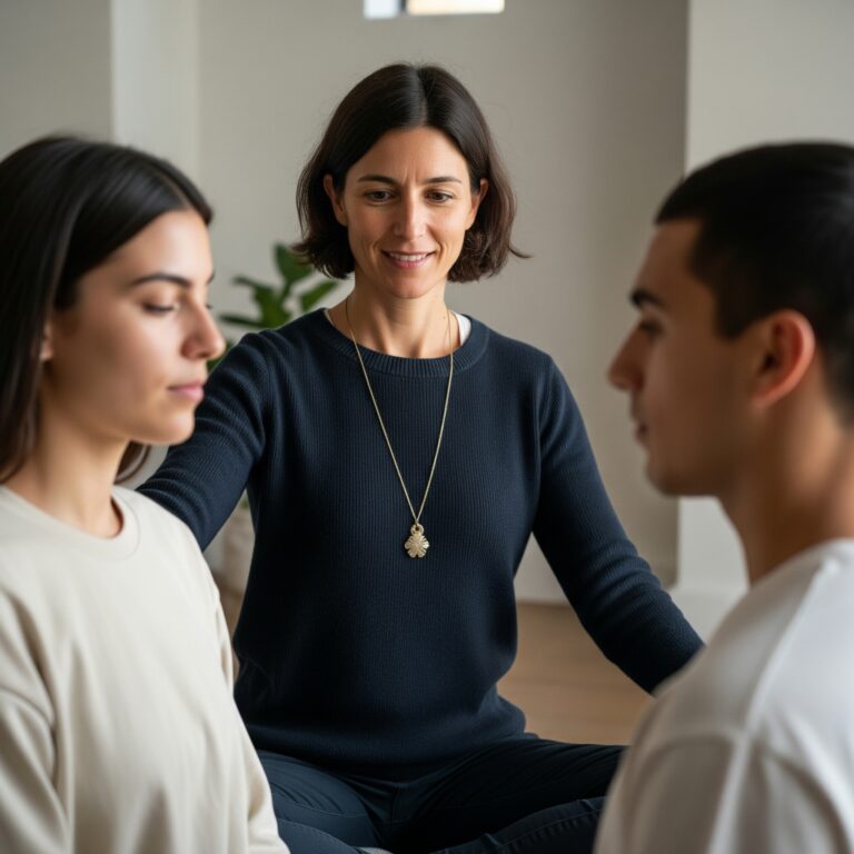 Raquel Torres guiando a Blanca y Camilo en un ejercicio de mindfulness.