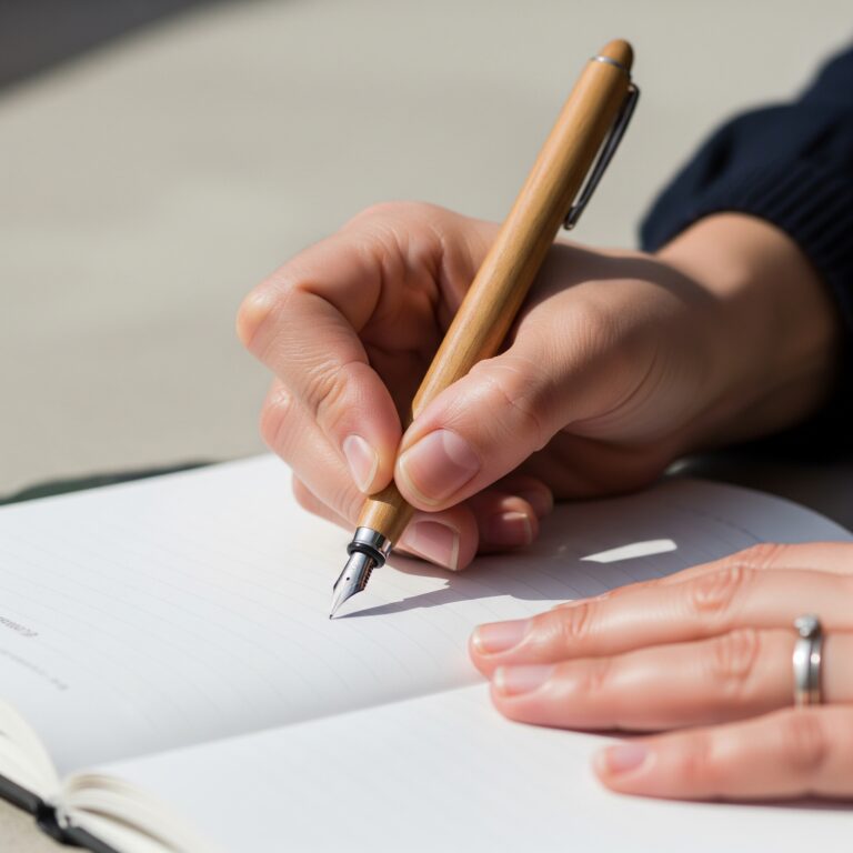 Primer plano de una mano adulta sosteniendo un bolígrafo y escribiendo en un cuaderno con hojas en blanco, simbolizando el proceso de autoconocimiento, reflexión y reescritura de la historia personal, un pilar del coaching con Raquel Torres en Familia RT.