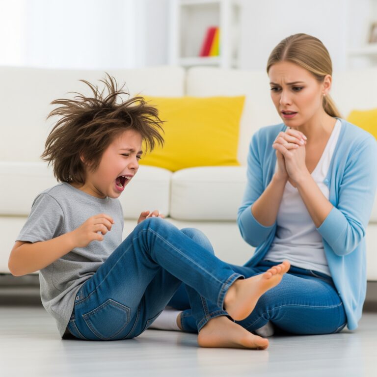 Niño de 6-8 años teniendo una rabieta intensa, mientras su madre lo observa con preocupación.