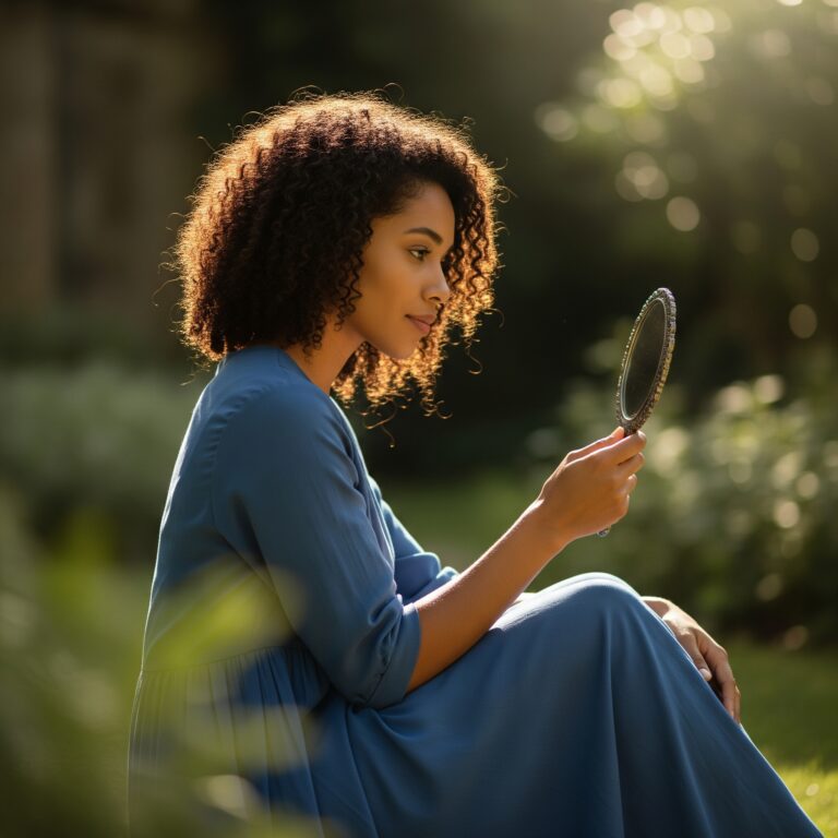 Una mujer joven con expresión reflexiva, mirándose en un pequeño espejo de mano en un entorno natural y luminoso, simbolizando la introspección y el autoconocimiento.