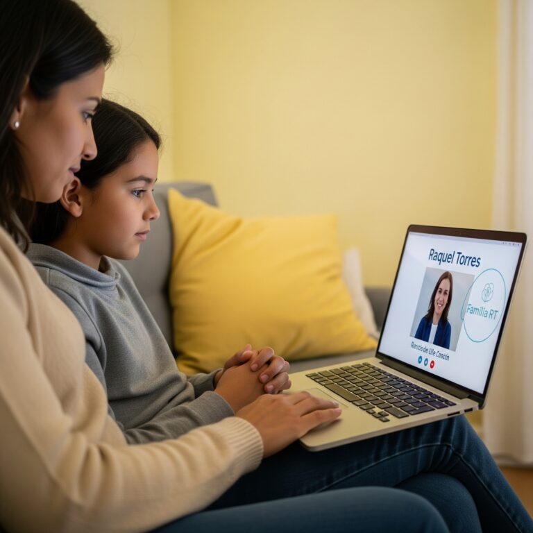 Padre e hijo en videollamada con Raquel Torres, simbolizando la búsqueda de apoyo profesional.