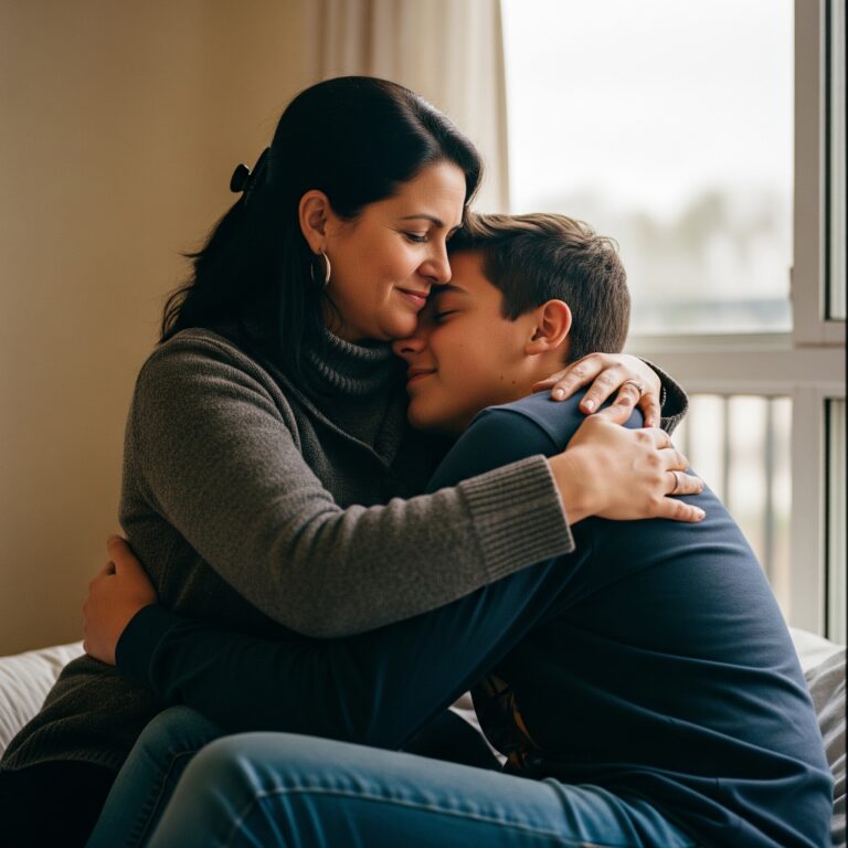 Una madre y un hijo adolescente abrazándose con cercanía, el rostro del adulto en el hombro del niño, simbolizando un momento de conexión profunda, seguridad y confianza mutua.