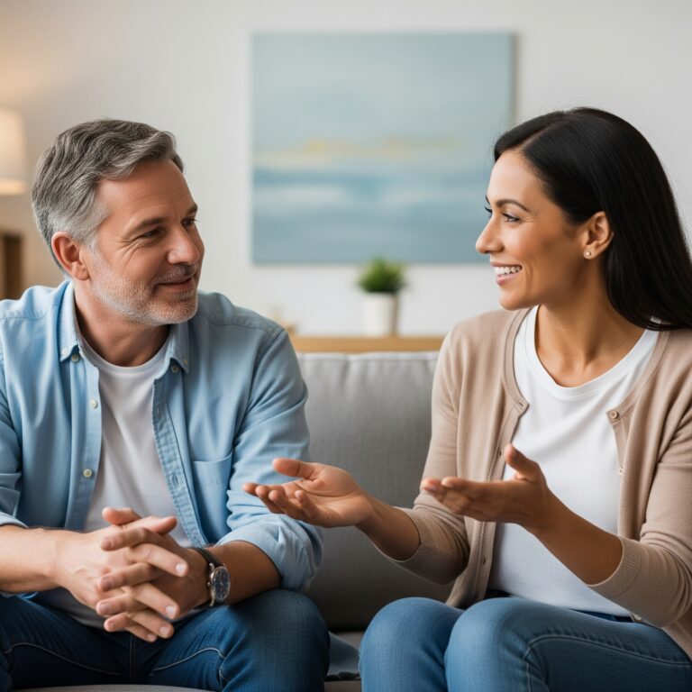 Dos personas, un hombre y una mujer, sentadas en un sofá, mirándose y sonriendo con empatía, simbolizando una comunicación abierta y una conexión emocional equilibrada.