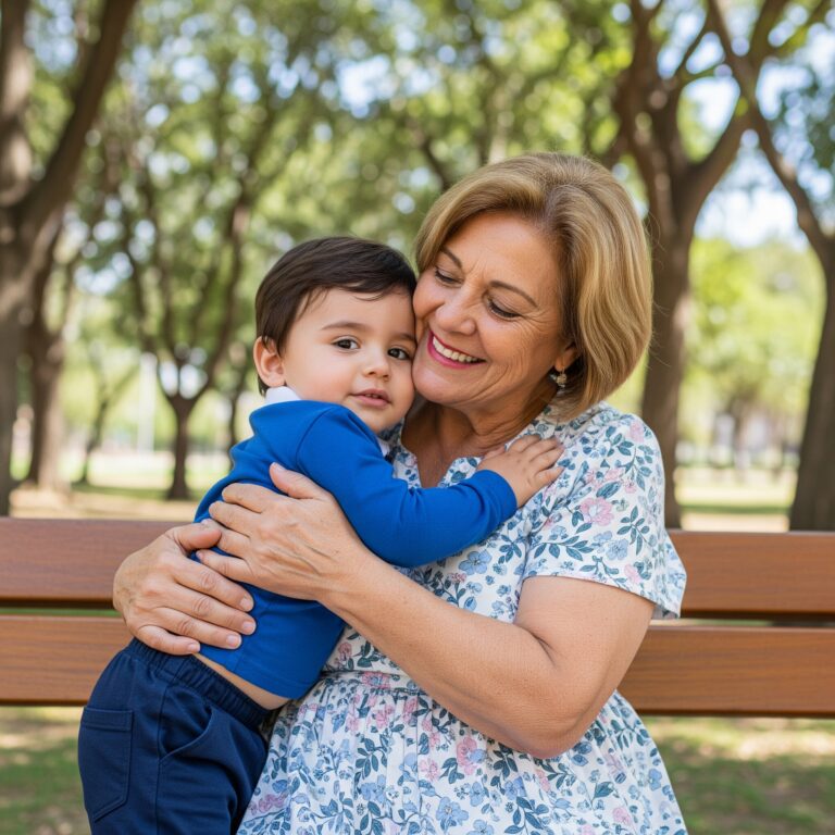 Una abuela sonriente y cariñosa abrazando a su nieto pequeño en un parque, con la naturaleza de fondo.