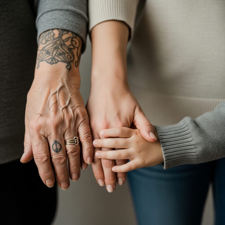 Tres generaciones de manos unidas: la mano de una abuela, la mano de una madre y la mano de un niño, simbolizando la unidad y el apoyo familiar.