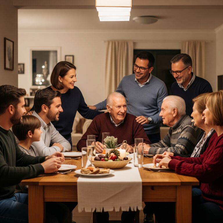 Un grupo de personas (padres y abuelos) sentados alrededor de una mesa, sonriendo y conversando animadamente, simbolizando la comunicación abierta y el entendimiento en el ámbito familiar.