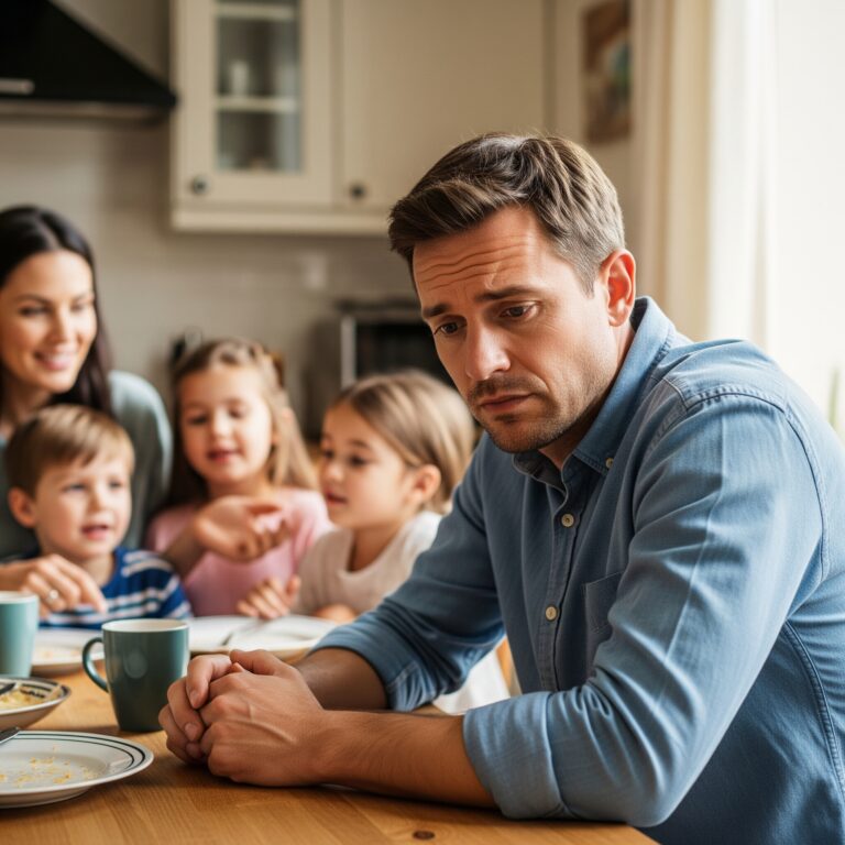 Un hombre, con expresión preocupada y distante, está sentado en una mesa de cocina, mientras su mujer e hijos, difuminados en el fondo, intentan hablarle. La imagen simboliza la desconexión familiar cuando el ruido mental impide la presencia y el acto de escuchar de verdad.