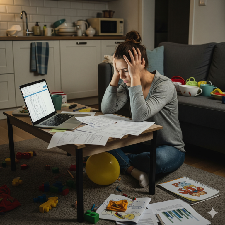 Una mujer con un gesto de estrés y agobio, sentada en el suelo, con la cabeza entre las manos, rodeada de caos. La imagen simboliza la frustración que Samanta sentía, atrapada en un ciclo de "nunca es suficiente".