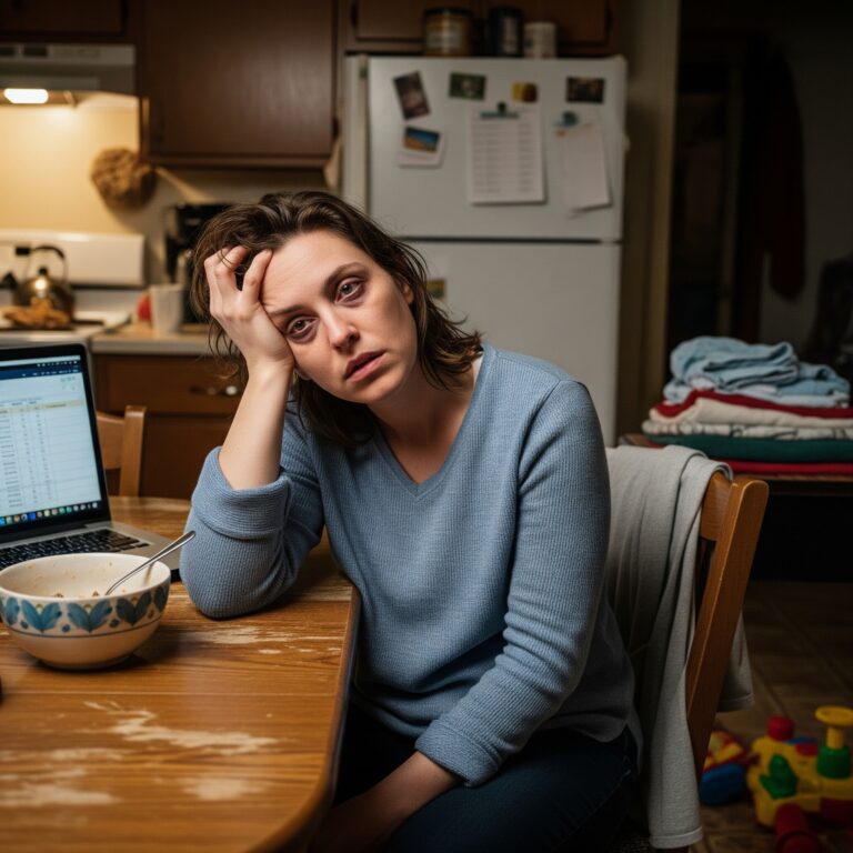 Una mujer con una expresión de cansancio y agotamiento, con la cabeza apoyada en su mano, sentada en una cocina desordenada. La imagen simboliza la sensación de estar atrapada en la "vorágine" del día a día, un tema que Raquel Torres aborda como Coach Familiar en Familia RT.