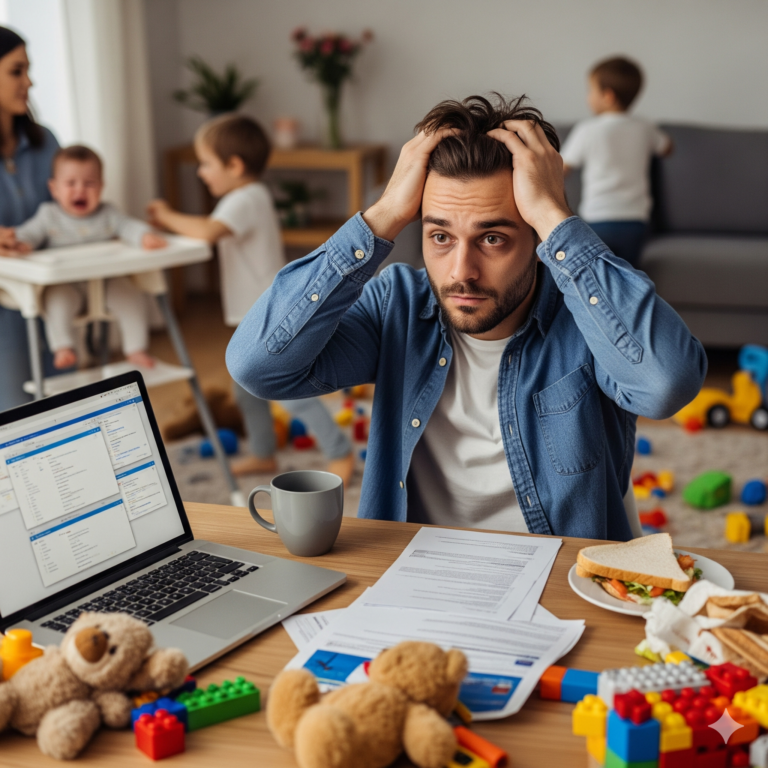 Un hombre, con una expresión de estrés y agotamiento, está sentado en una mesa desordenada. La imagen simboliza la sensación de estar abrumado y el coste de no practicar el cuidado personal.