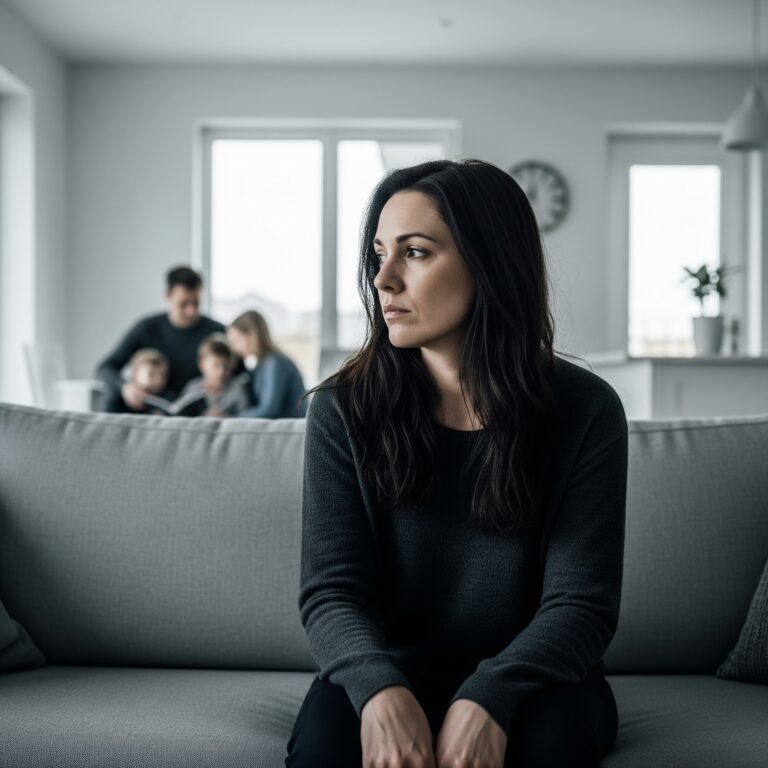 Una mujer sentada sola en un sofá, mirando al vacío con una expresión triste y desconectada, mientras su familia se encuentra de forma borrosa en un segundo plano. La imagen simboliza la desconexión emocional dentro del hogar, un desafío que Raquel Torres ayuda a superar en Familia RT.