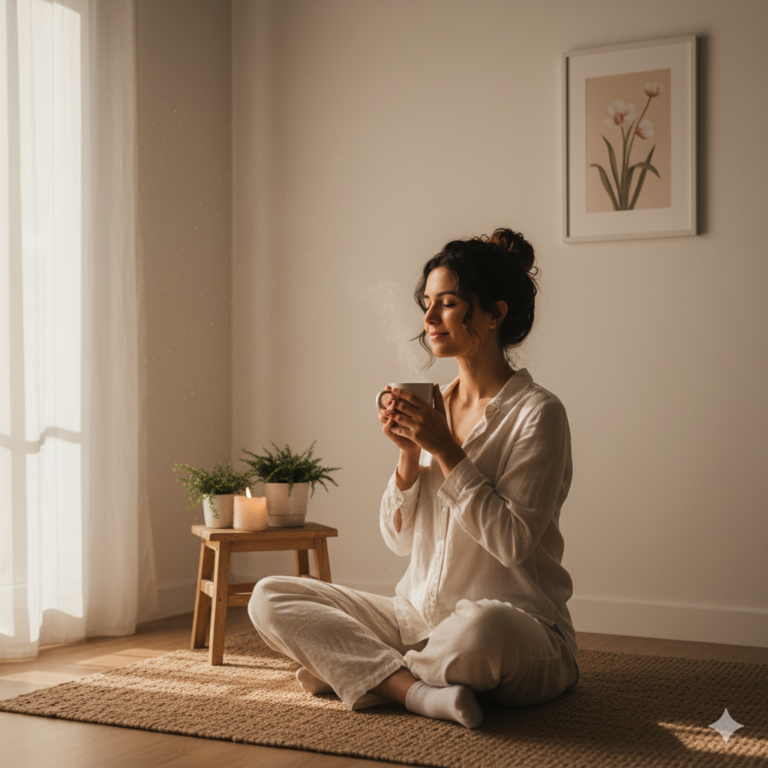 Una persona con los ojos cerrados y un gesto de calma, sentada en una habitación luminosa, disfrutando de un momento de quietud. La imagen simboliza la paz interior que se logra a través del cuidado personal y la gratitud.