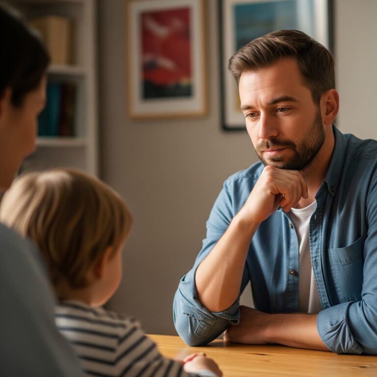 Un hombre con una expresión pensativa y atenta, en una conversación con su familia. La imagen simboliza el momento de presencia, reflexión y escucha activa que Raquel Torres, Coach Familiar de Familia RT, enseña a sus clientes.