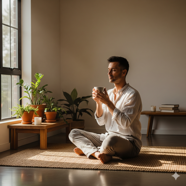 Un hombre, con una expresión de paz y serenidad, está sentado en un rincón tranquilo, disfrutando de una taza de té. La imagen simboliza el poder de tomar un momento para ti, un acto de amor propio que recarga el alma.