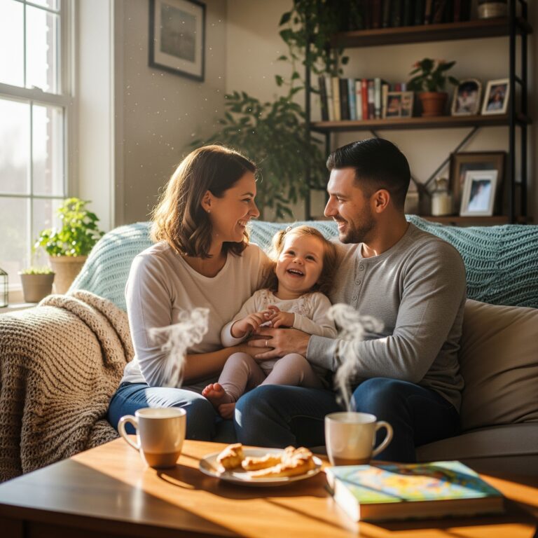 Una familia (madre, padre e hijo) sentada junta en un sofá, riendo y haciendo contacto visual. La imagen simboliza la conexión, la comunicación consciente y la paz que se logra en la familia al escuchar de verdad.