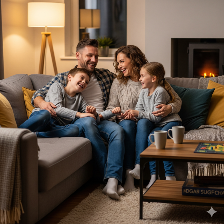Una familia (madre, padre e hijos) sentada en un sofá, riendo y disfrutando de un momento de conexión y alegría. La imagen simboliza la recompensa de la transformación interior: un hogar lleno de calma y conexión.