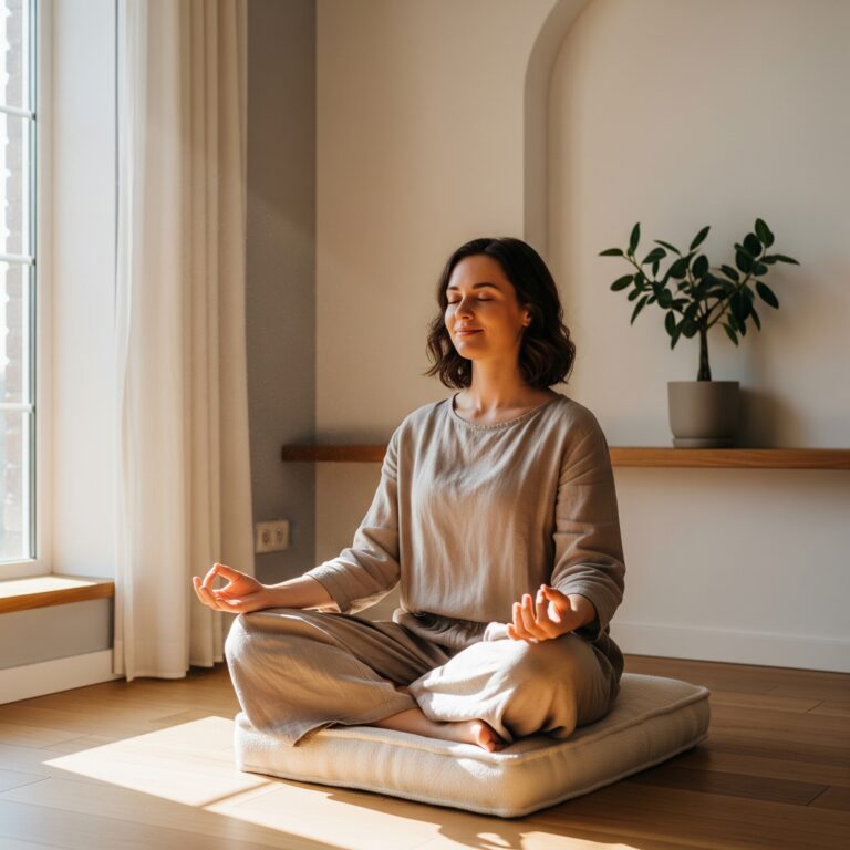 Una mujer meditando con una expresión de serenidad y paz en un espacio luminoso y acogedor, simbolizando la liberación y el autoconocimiento. Esta imagen representa el resultado transformador del acompañamiento de Raquel Torres, Coach Familiar de Familia RT.