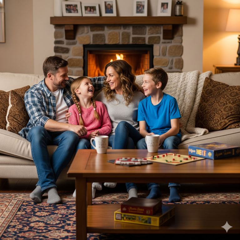 Una familia (madre, padre y dos hijos) sentada en un sofá, riendo y compartiendo un momento de felicidad. La imagen simboliza la conexión, la alegría y la calma que se logra cuando te priorizas y te cuidas.