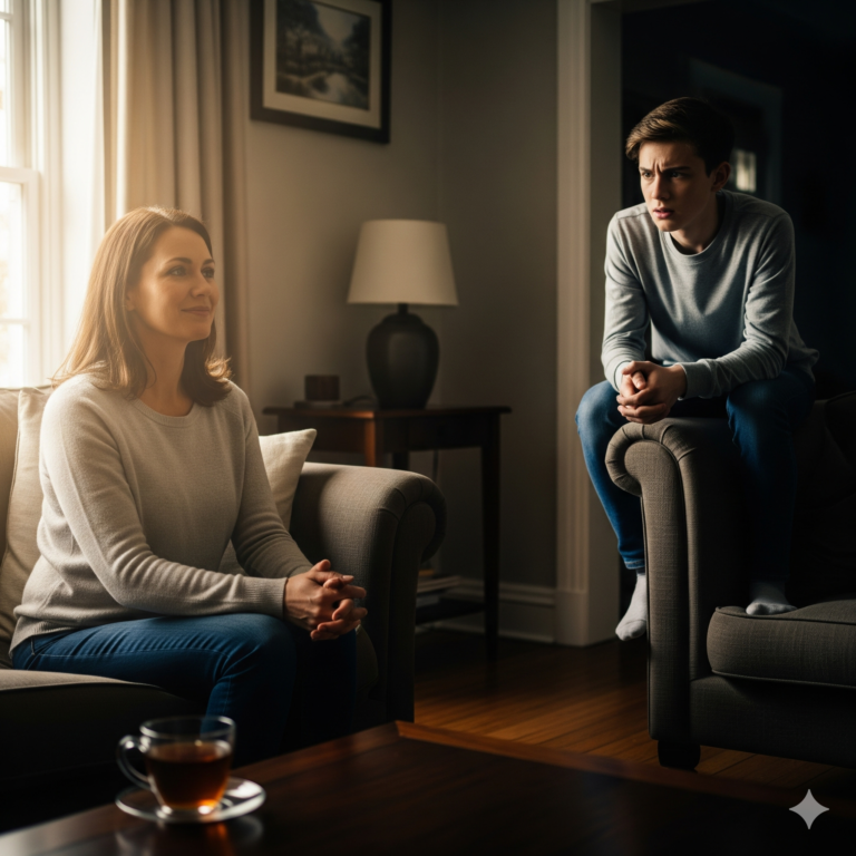 Una madre sentada en un sofá con una expresión de serenidad, mientras su hijo adolescente la mira con desconcierto y nerviosismo. El ambiente de ella es tranquilo, el de él es tenso.