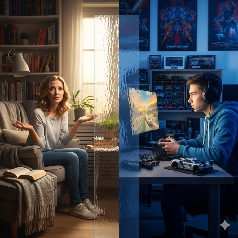 Una imagen dividida. A un lado, una madre en su rincón de lectura con una expresión de desconexión. Al otro lado, su hijo inmerso en su mundo de videojuegos y coches, con una barrera visual entre ellos que simboliza la brecha de comunicación.