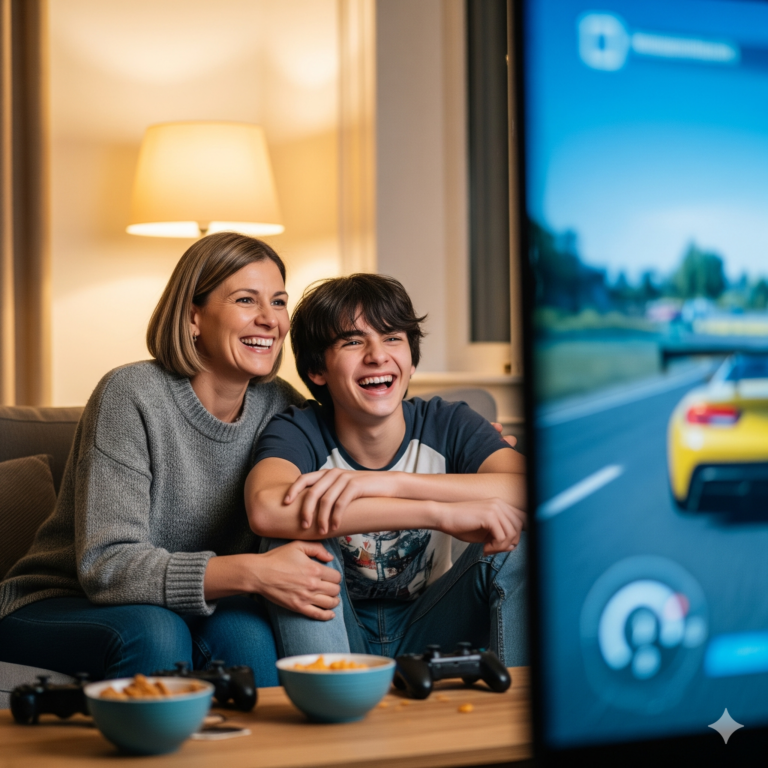Una madre y su hijo adolescente sentados juntos en un sofá, riendo y mirando la pantalla de un televisor donde se muestra un videojuego de coches. Ambos se ven felices y conectados.