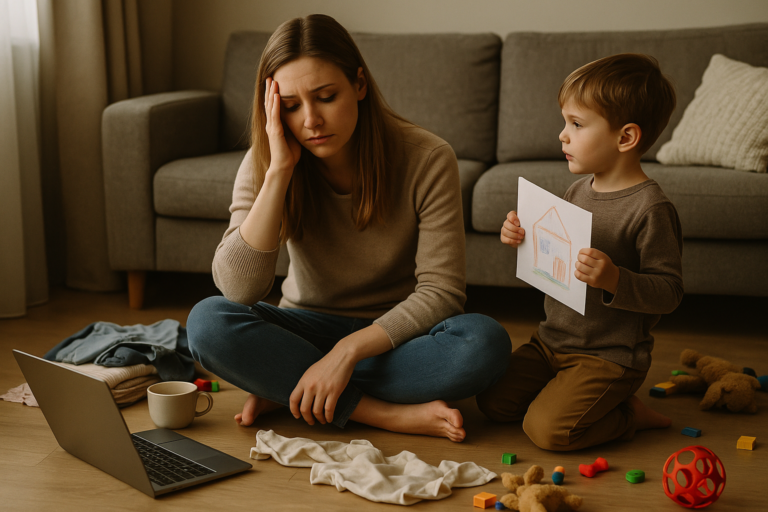 Una madre sentada en el suelo de la sala, rodeada de ropa, juguetes y un portátil abierto, con expresión de agotamiento y mirada perdida, mientras su hijo pequeño intenta llamar su atención.