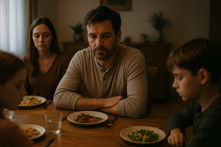 Hombre agotado sentado en una mesa familiar, mirando al vacío mientras su familia guarda silencio. La tensión y la distancia emocional se perciben en el ambiente.