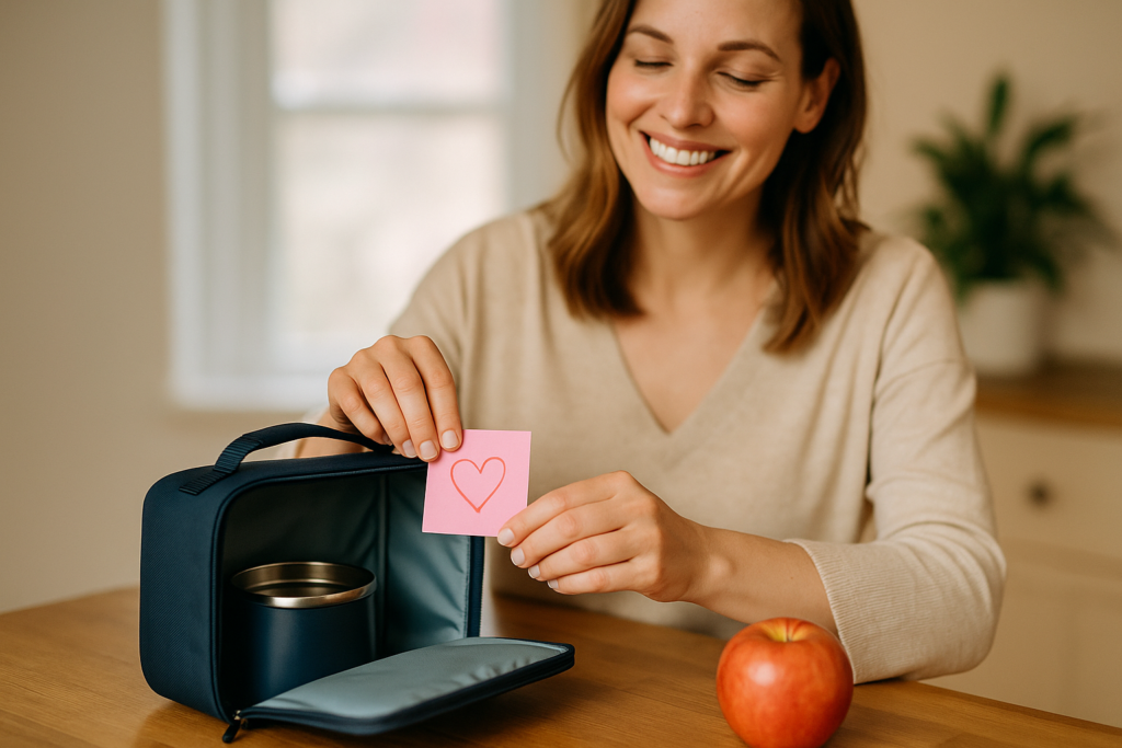 Padre o madre colocando una nota con un mensaje amoroso junto a la lonchera de su hijo, mientras sonríe con serenidad.
