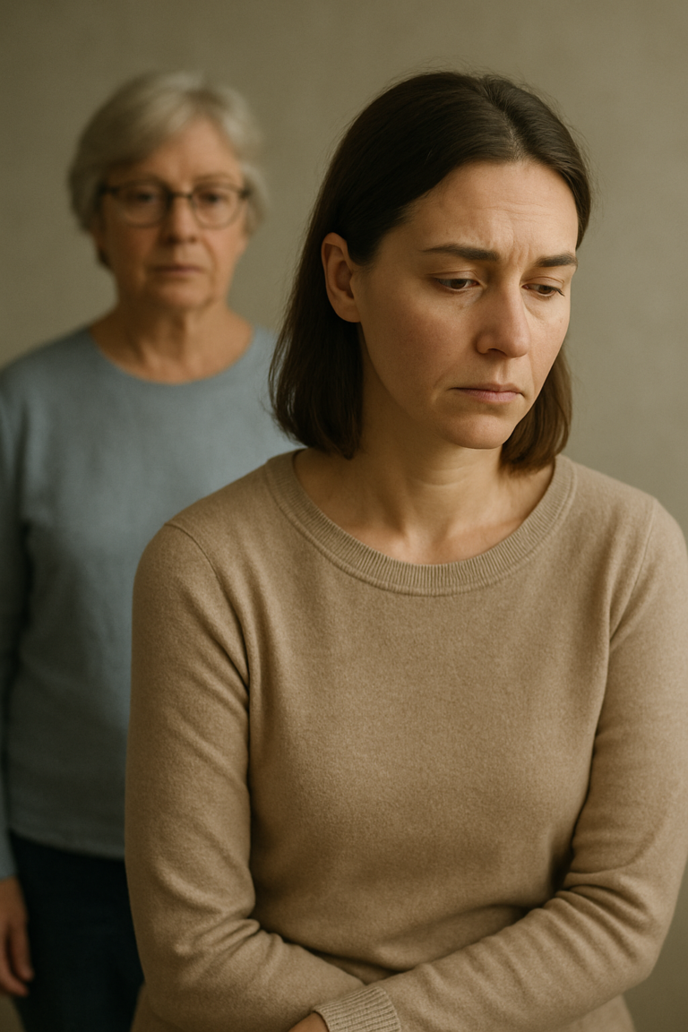 Una mujer adulta con expresión de tristeza o resignación, mirando hacia un espacio vacío, mientras a su espalda, desenfocada, se vislumbra una figura de una mujer mayor, simbolizando la distancia emocional en una relación familiar.