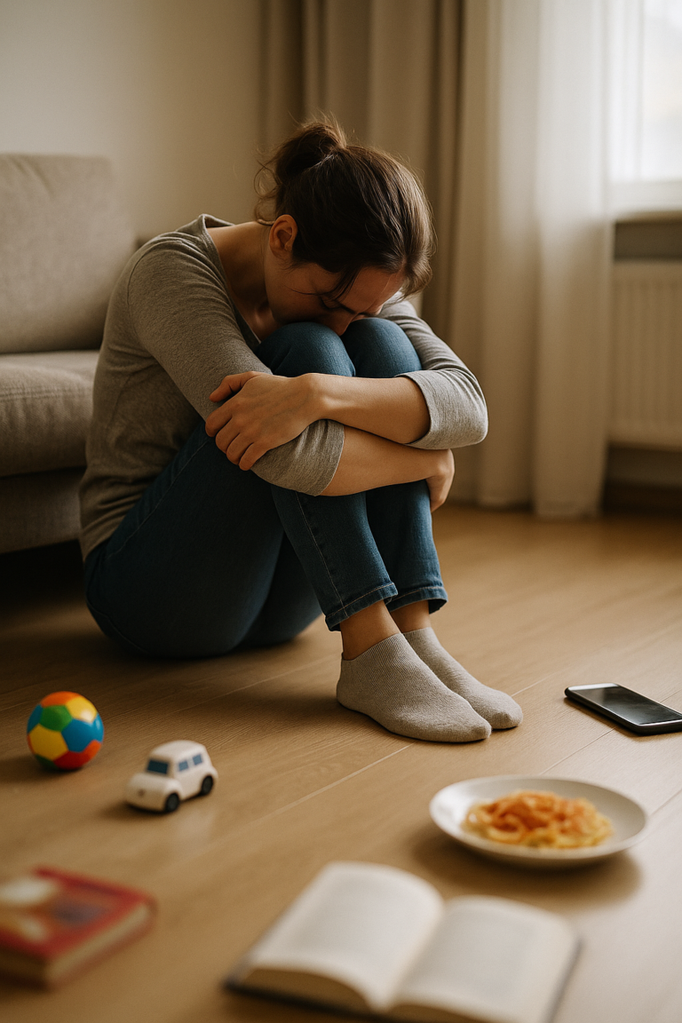 Una mujer sentada en el suelo, con el rostro hundido entre las rodillas, en una postura de agotamiento y soledad, mientras a su alrededor, desenfocados, se ven elementos de la vida familiar (juguetes, un plato de comida, un teléfono), representando el vacío y la desconexión.