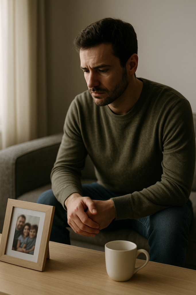 Hombre sentado en silencio, mirando una fotografía familiar con expresión de reflexión y tristeza contenida. Luz suave que entra por la ventana.