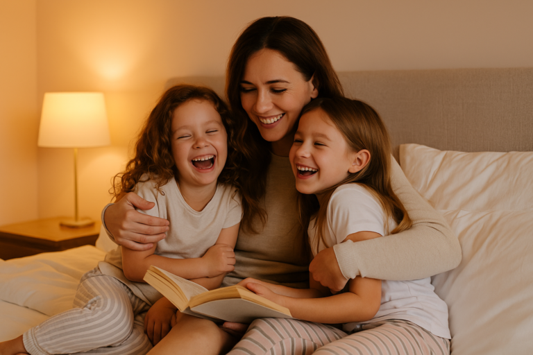 Marta y sus hijas sentadas en la cama, compartiendo un rato de risas o lectura antes de dormir. Luz cálida y ambiente íntimo, sensación de calma y conexión genuina.