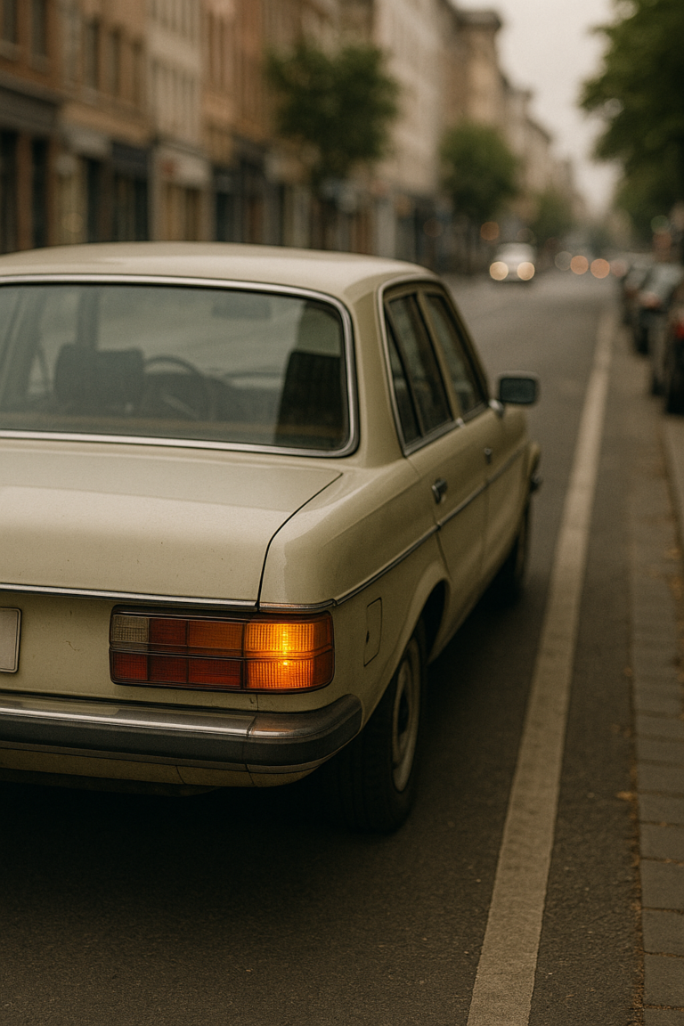 Un coche clásico con el intermitente encendido, detenido en doble fila en una calle urbana, representando la metáfora de una relación familiar estancada y en espera, sin avanzar ni retroceder.