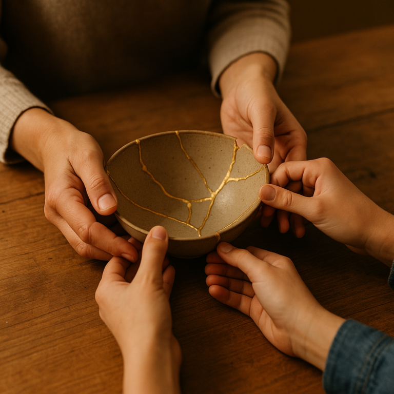 Una mujer y un hombre, ambos con una expresión de paz y amor, uniendo los fragmentos de un corazón de cerámica roto, donde las grietas son rellenadas con líneas doradas brillantes al estilo kintsugi.
