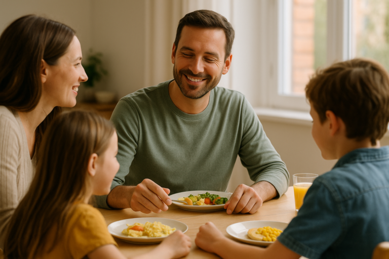 Familia reunida en una mesa compartiendo una comida alegre. El padre sonríe con calma mientras conversa con su pareja e hijos.