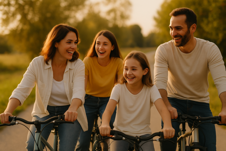 Familia disfrutando una actividad al aire libre, sonriendo mientras montan bicicleta juntos bajo la luz del atardecer.