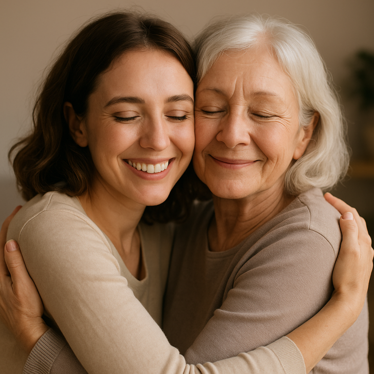 Una mujer adulta joven abrazando con ternura y una sonrisa sincera a una mujer mayor, ambas con expresiones de paz y aceptación, simbolizando la sanación y la reconstrucción de un vínculo familiar.