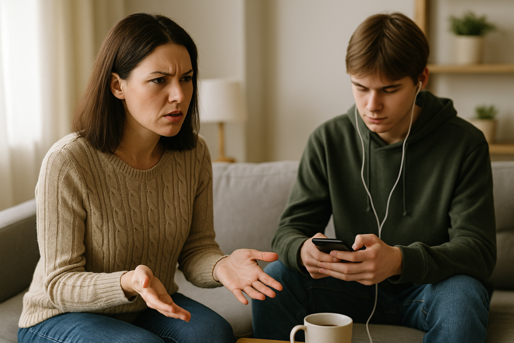 Mujer hablando mientras su hijo adolescente o su pareja está usando el móvil sin prestarle atención. Ella muestra frustración y desconexión emocional.