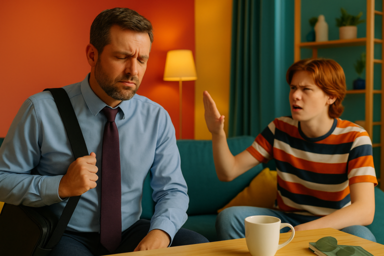 Padre o madre llegando a casa agotado después del trabajo, mientras su hijo o pareja responde con un gesto brusco o distante. La tensión emocional es palpable en sus miradas.