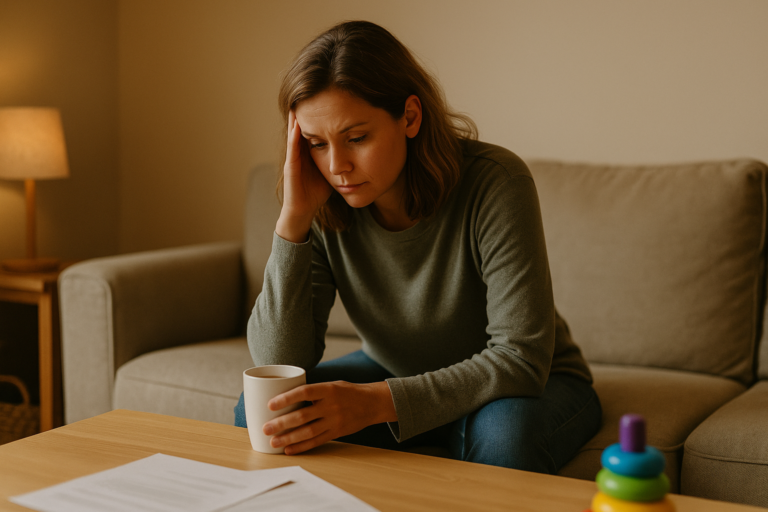 Una mujer sentada en su sala, sola, con expresión de cansancio y sobrecarga. Frente a ella, una taza de café a medio tomar, papeles o juguetes alrededor, representando la rutina. Luz tenue, ambiente introspectivo.