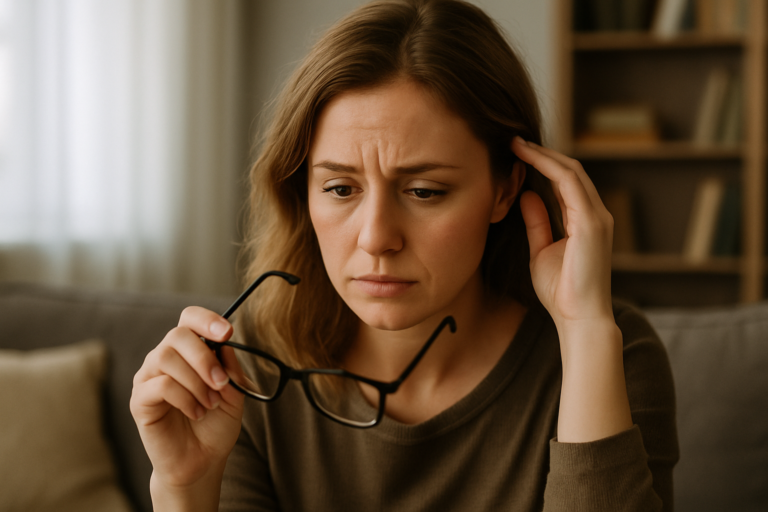 Primer plano de una mujer con expresión de preocupación, mientras sostiene unas gafas en la mano o se las está poniendo, simbolizando la distorsión de la creencia “me ignoran”.