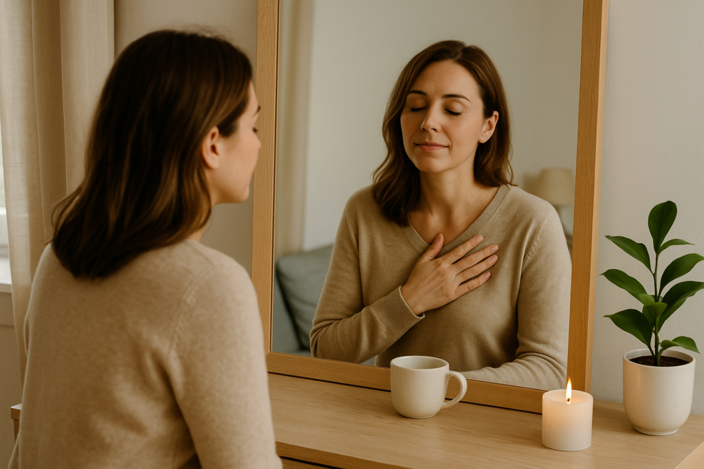 Mujer mirándose al espejo con una expresión tranquila y consciente, rodeada de luz natural y objetos que evocan calma, como una vela o una planta.