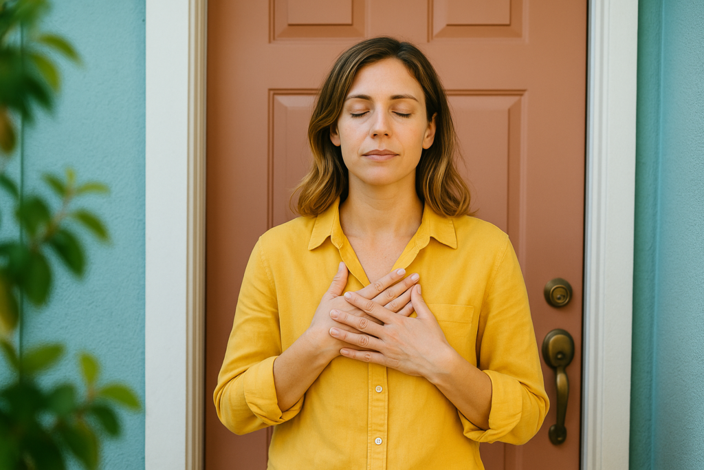 Persona de pie frente a la puerta de su casa, respirando hondo con los ojos cerrados antes de entrar, representando un momento de pausa consciente.
