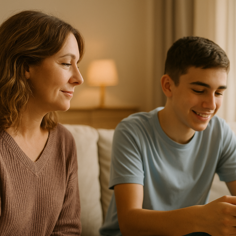 Mujer o madre mirando a su hijo adolescente con serenidad mientras él juega o realiza una actividad. Ambos muestran calma y una conexión más suave y abierta.